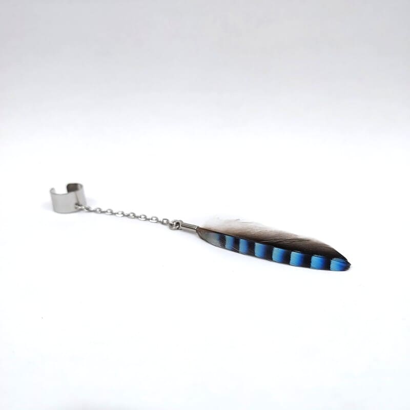 Ear Cuff – Bijou d’Oreille en Acier Inoxydable et plume naturelle de Geai des Chênes