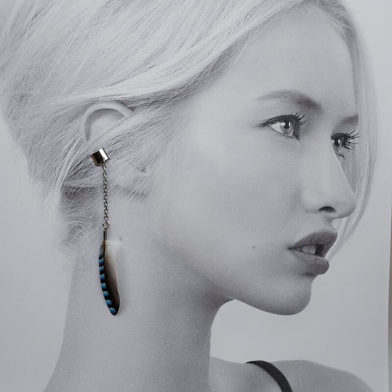 Ear Cuff – Bijou d’Oreille en Acier Inoxydable et plume naturelle de Geai des Chênes