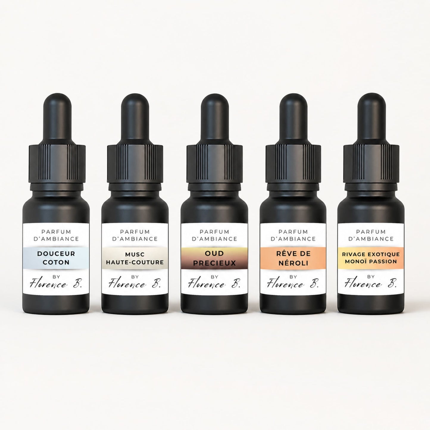 5 flacons noirs des parfums d'intérieur de Florence B. de chaque parfum