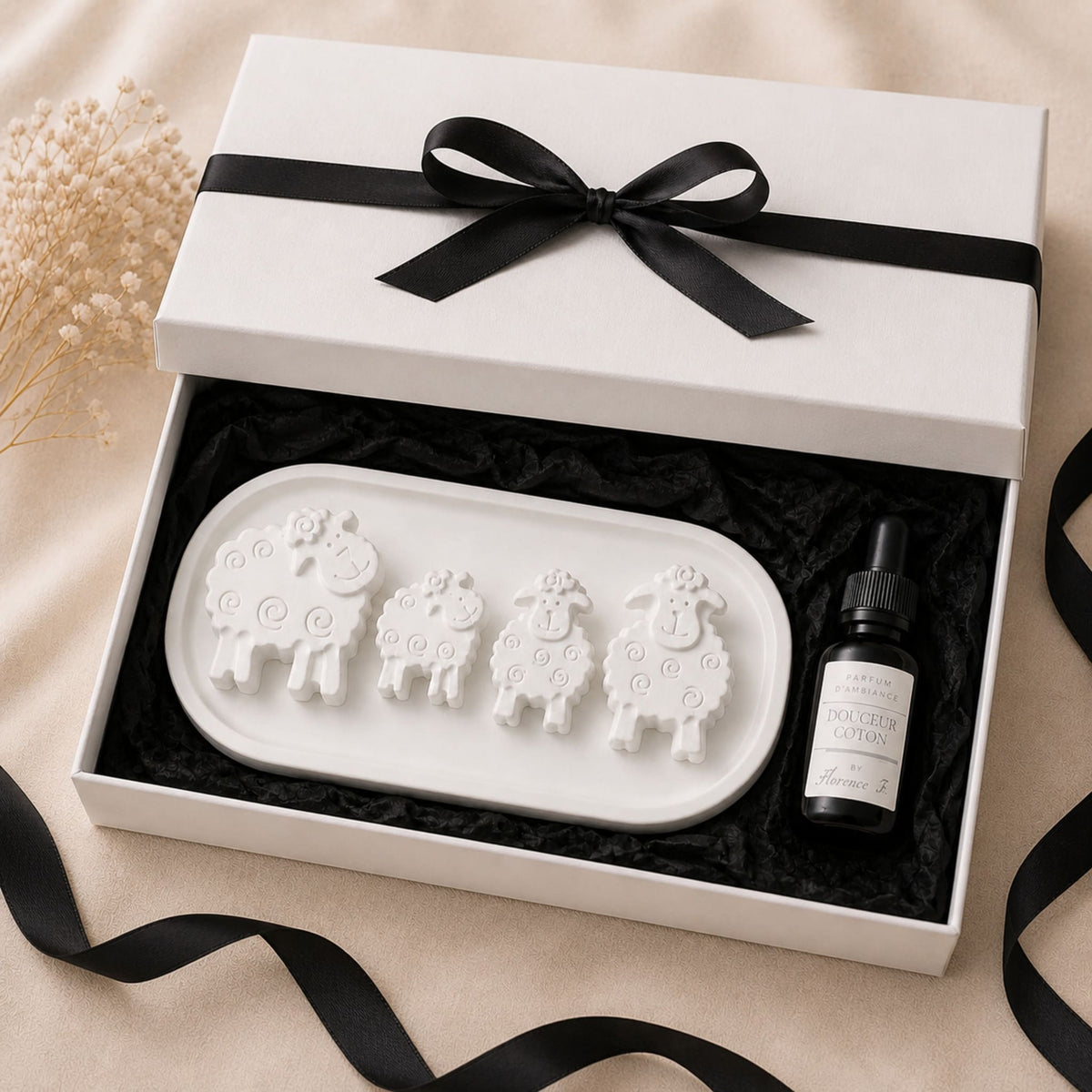 coffret cadeau complet de 4 patits moutons à parfumer en matière minérale avec parfum et plateau