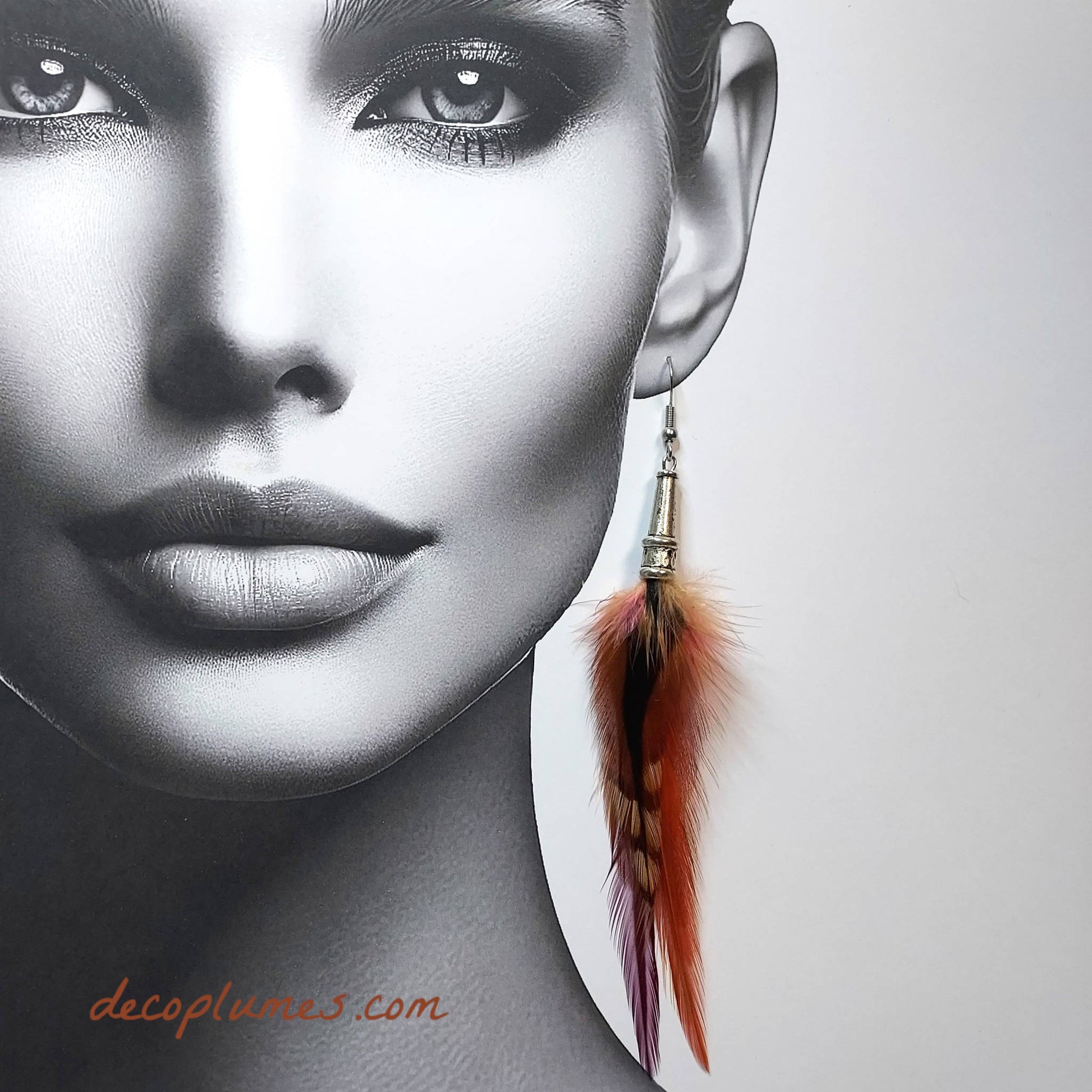 decoplumes boucles d'oreilles en plumes de coq modèle MIA made in France