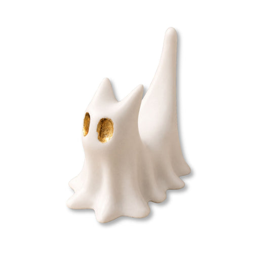Petit chat fantôme blanc à parfumer avec yeux dorés porte-bagues, création artisanale Décoplumes.
