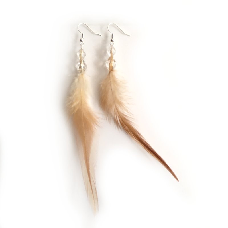 Boucles d'oreilles plumes et perles bleu, noir ou beige naturel