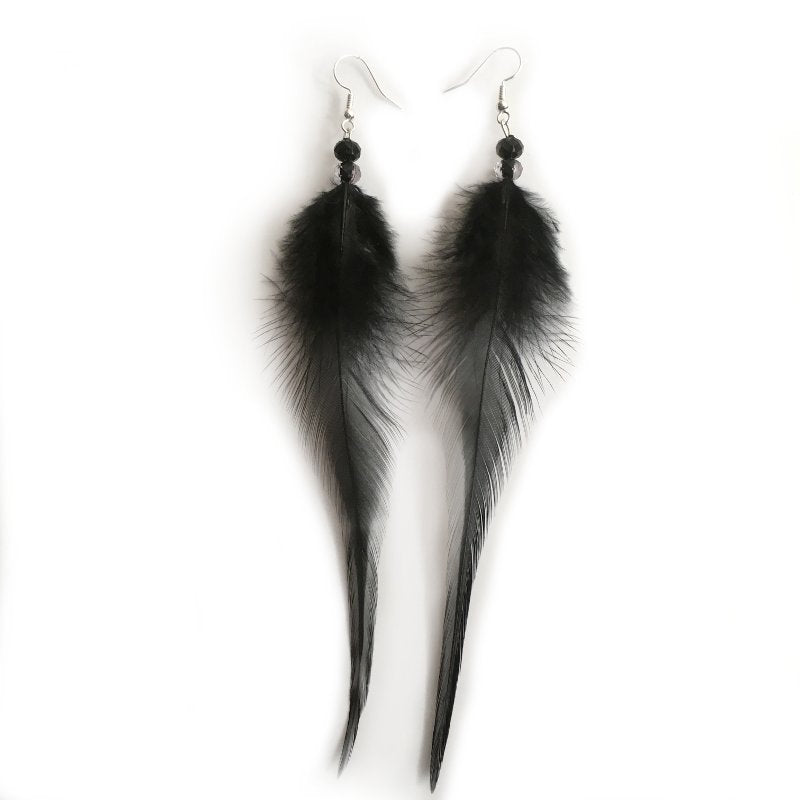 Boucles d'oreilles plumes et perles bleu, noir ou beige naturel