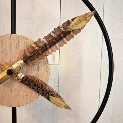 zoom sur les aiguilles en plumes de l'horloge avec finition dorée sur l'extrémité des plumes