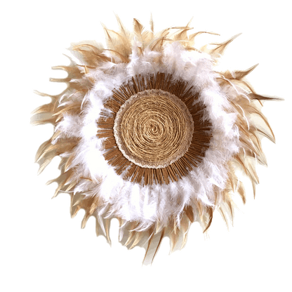 Déco murale façon juju hat plumes, bois, dentelle et corde 100% naturel