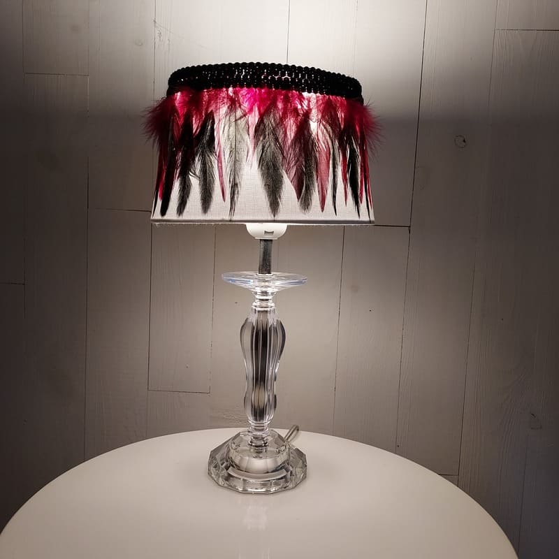 Lampe à Poser en Plexiglass & Plumes modèle "En Rouge et Noir"