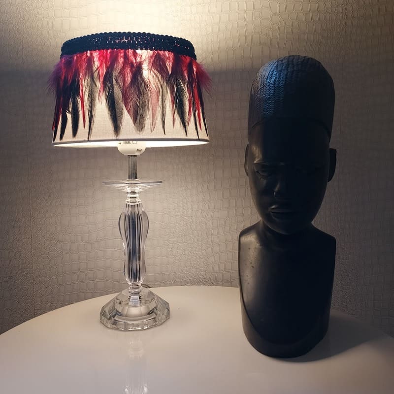 Lampe à Poser en Plexiglass & Plumes modèle "En Rouge et Noir"