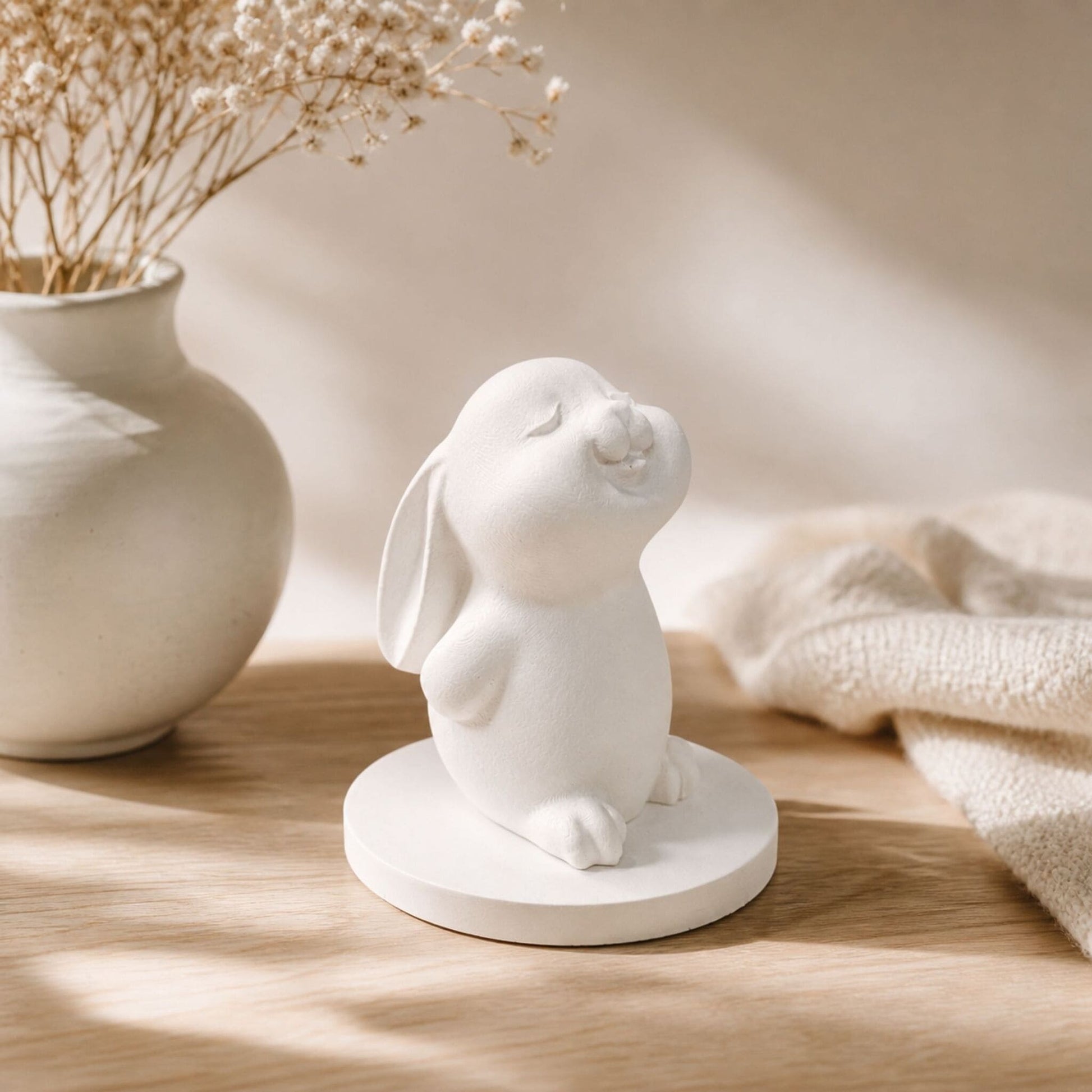 Petit lapin blanc en matière minérale  à parfumer sur socle de chez Décoplumes 
