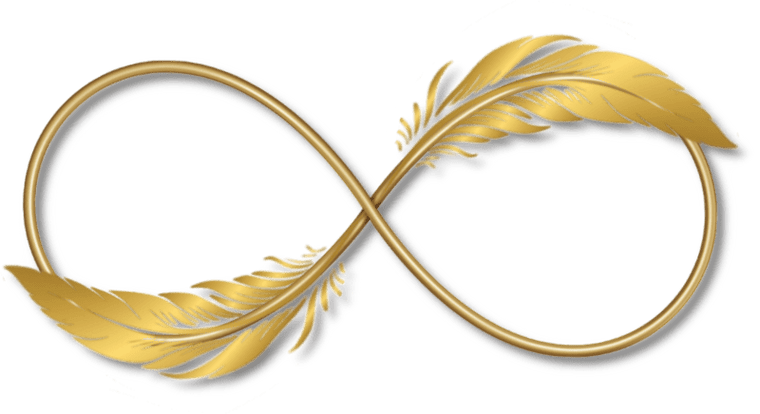 sigle de l'infini orné de plumes qui épousent ses formes : une en bas à gauche une en haut à droite, création décoplumes 