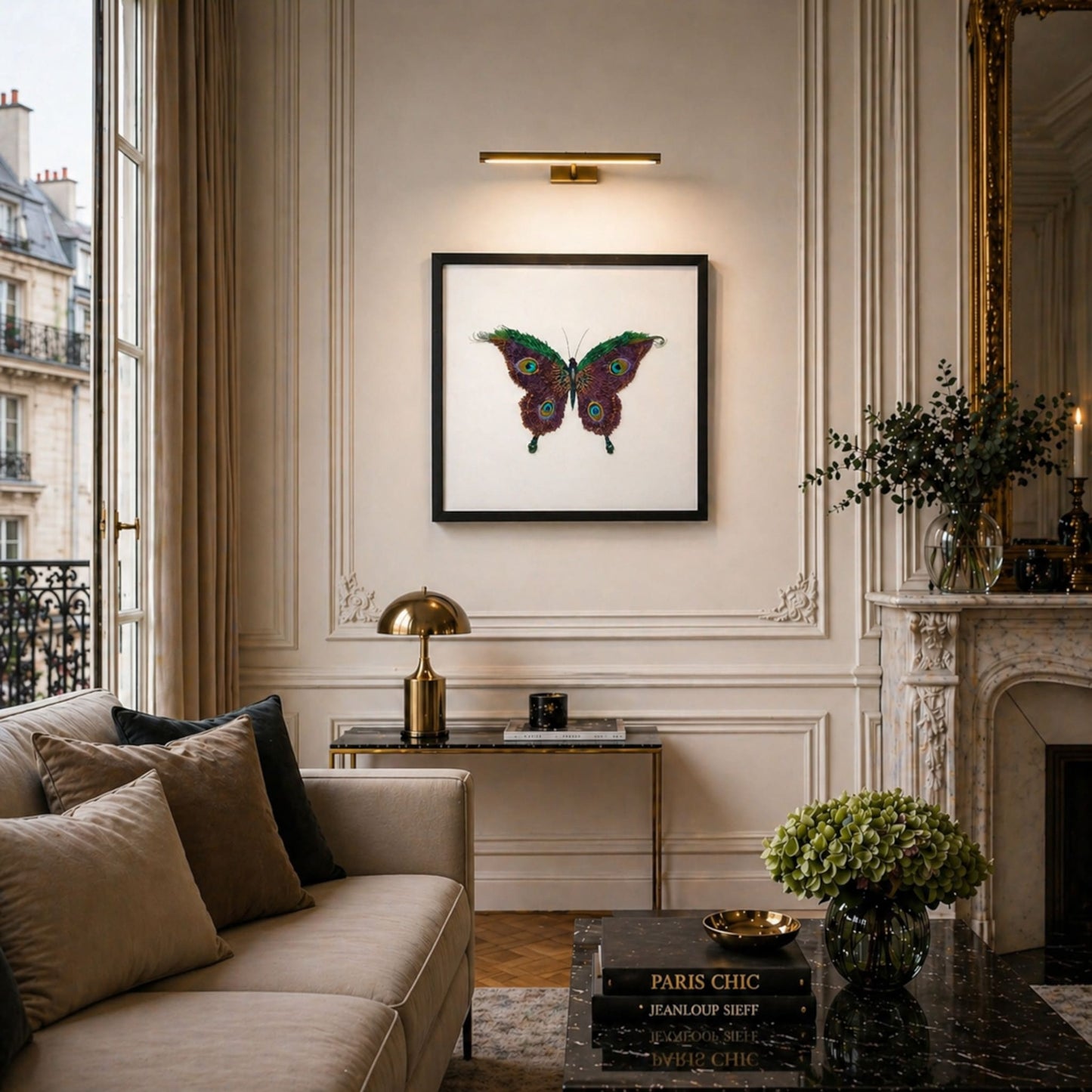 decoplumes-papillon - œuvre d'art réalisée en plumes de faisan et de paon et appelé "le paon du jour"