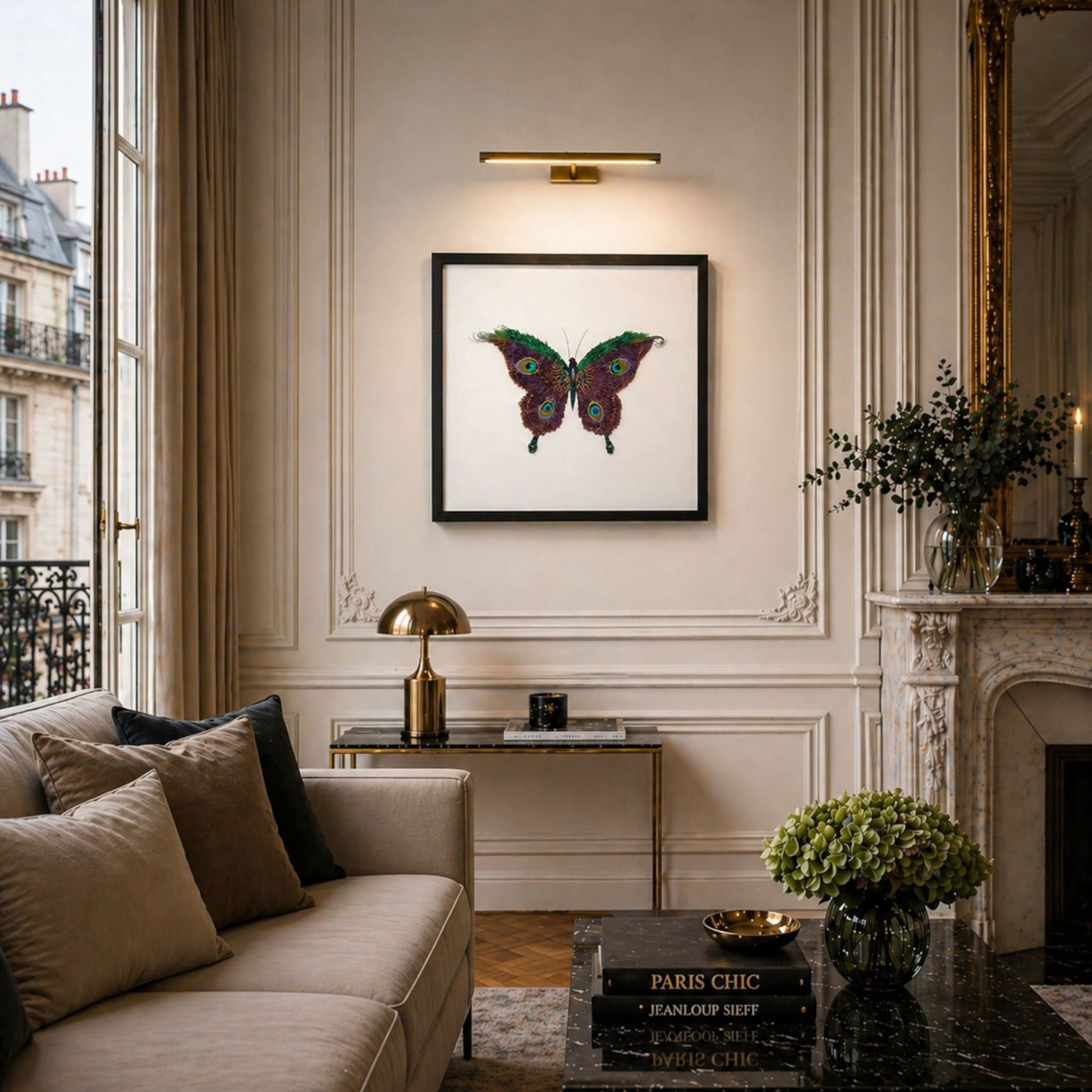 decoplumes-papillon - œuvre d'art réalisée en plumes de faisan et de paon et appelé "le paon du jour"