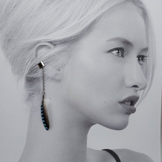 Ear Cuff – Bijou d’Oreille en Acier Inoxydable et plume naturelle de Geai des Chênes