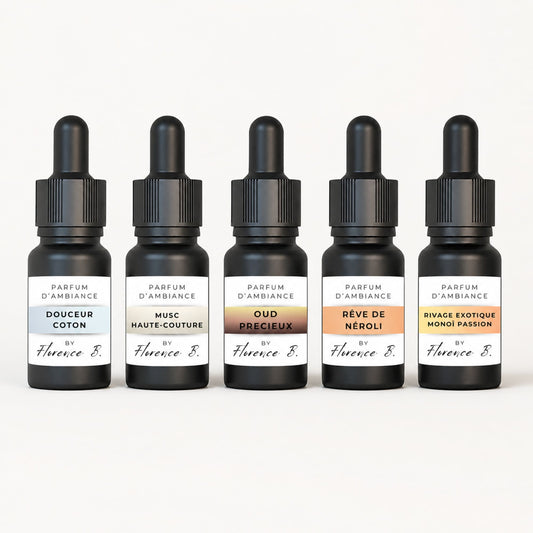 flacons noirs des parfums d'interieur de florence.b de chaque parfum