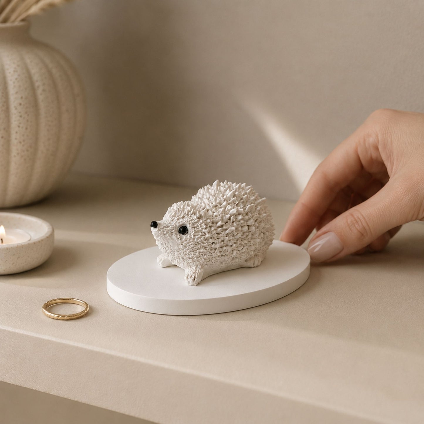 Petit hérisson décoratif blanc à parfumer en matière minérale artisanale avec finition mate sur une étagère